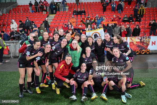 Roma players celebrate after the UEFA Women's Champions League group B match between Slavia Praha and AS Roma at Eden Arena on December 22, 2022 in...