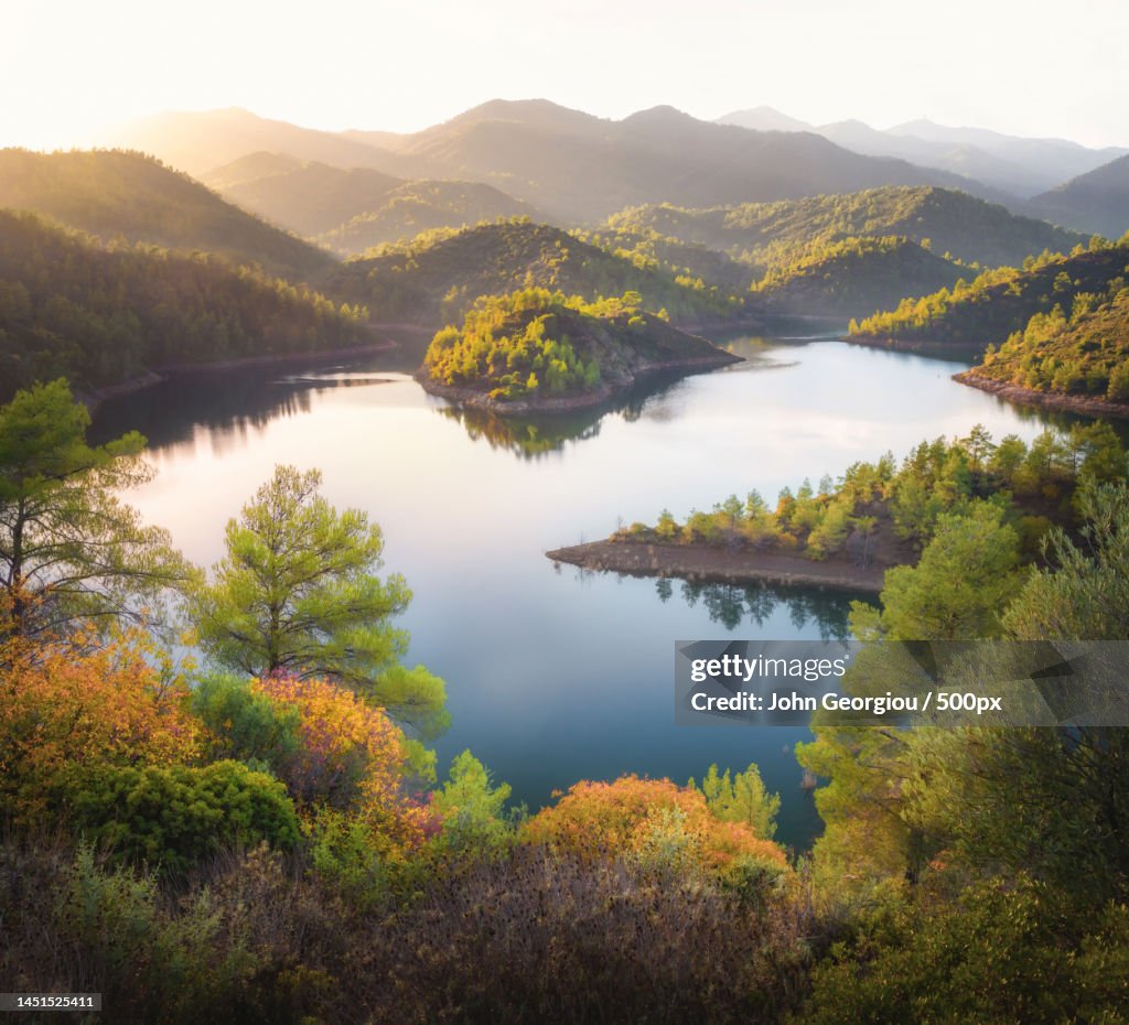 Scenic view of lake and mountains against sky,Kato Lefkara,Cyprus