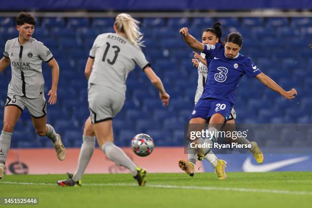 Samantha Kerr of Chelsea FC scores her sides first goal during the UEFA Women's Champions League group A match between Chelsea FC and Paris...