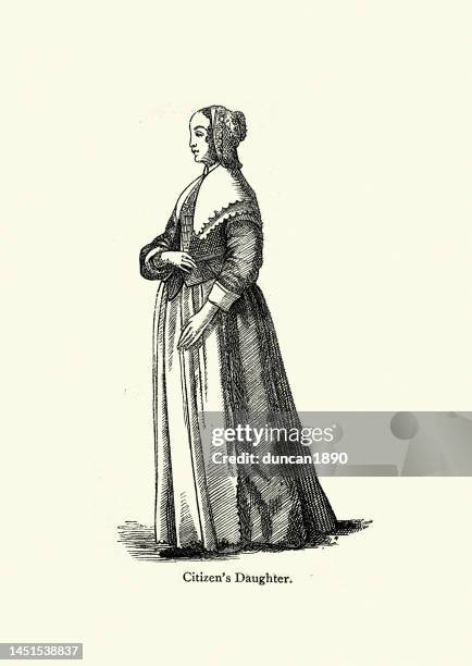 ilustraciones, imágenes clip art, dibujos animados e iconos de stock de hija de ciudadanos durante la commonwealth de inglaterra, moda femenina del siglo 17, traje de época - estilo siglo xvii