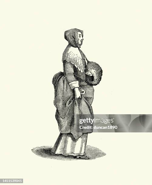 ilustrações, clipart, desenhos animados e ícones de cavalheira inglesa, moda feminina do século 17, traje de época, vestido, muff, gola de renda - regalo