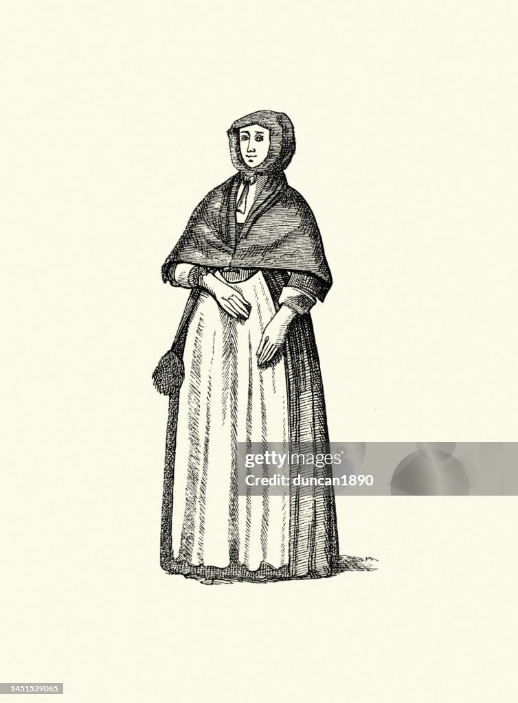 English gentlewoman, 17th Century women's fashion, Period costume, Shawl, Hood, Skirt, Apron