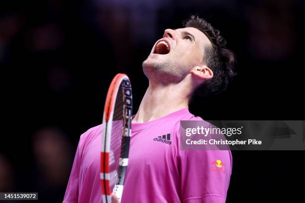 Dominic Thiem of Hawks reacts while playing against Felix Auger-Aliassime of Kites during day four of the World Tennis League at Coca-Cola Arena on...