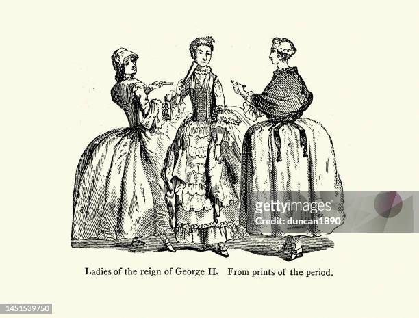 stockillustraties, clipart, cartoons en iconen met ladies of the reign of george ii, 18th century women's fashion, large wide skirts, period costume - petticoat