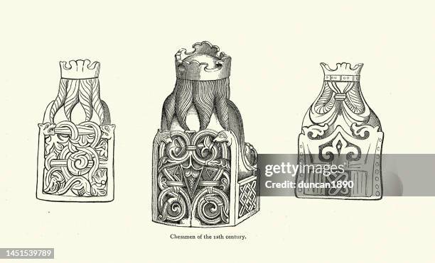 lewis chessmen, 12th century chess pieces carved from walrus ivory - king chess piece stock illustrations