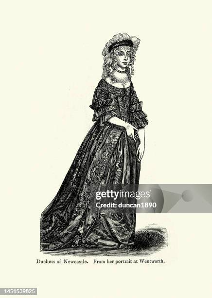 margaret cavendish, duchess of newcastle, 17th century women's fashion, period costume, dress - ringlet hairstyle stock illustrations