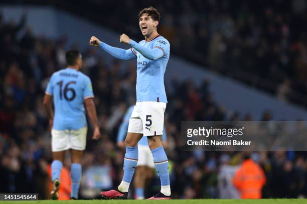 John Stones of Manchester City celebrates winning the Carabao Cup Fourth Round match between Manchester City and Liverpool at Etihad Stadium on...