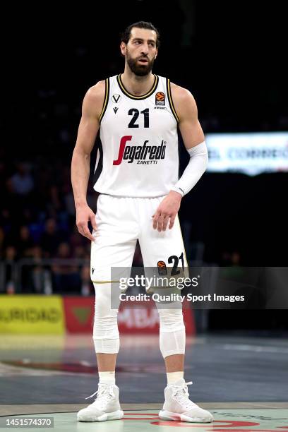 Tornike Shengelia of Virtus Segafredo Bologna looks on during the 2022-23 Turkish Airlines EuroLeague Regular Season Round 15 game between Cazoo...