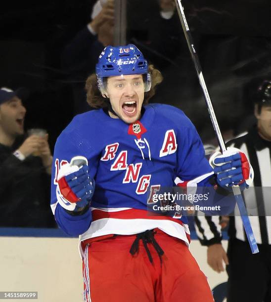 Artemi Panarin of the New York Rangers celebrates his powerplay goal against the New York Islanders at 17:14 of the first period at Madison Square...