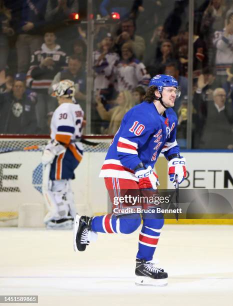 Artemi Panarin of the New York Rangers celebrates his powerplay goal against the New York Islanders at 17:14 of the first period at Madison Square...