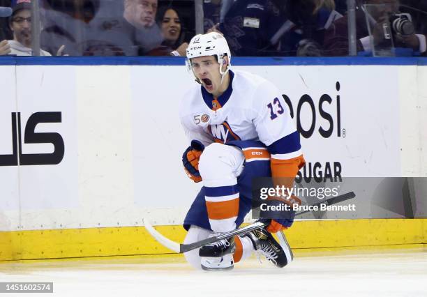 Mathew Barzal of the New York Islanders celebrates his second period goal against the New York Rangers at Madison Square Garden on December 22, 2022...