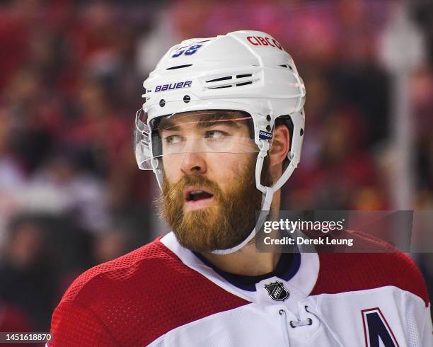 David Savard of the Montreal Canadiens in action against the Calgary Flames during an NHL game at Scotiabank Saddledome on December 1, 2022 in...