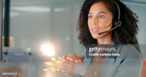 call center, black woman with crm and working in customer service, consulting with customer, headset and phone call conversation. contact us, customer support and help on call, online and consultant. - alexa stock pictures, royalty-free photos & images