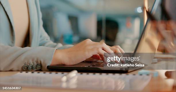 email marketing, laptop or hands typing to research a branding or advertising strategy for target audience. digital, seo or business woman networking online or writing feedback report at office desk - publication stockfoto's en -beelden