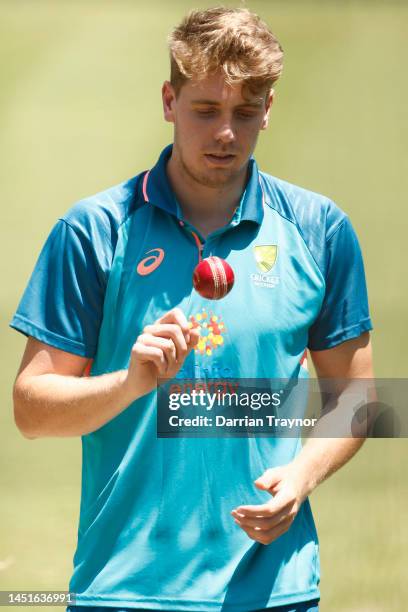 Cameron Green of Australia warms up in the nets during an Australian test squad training session at Melbourne Cricket Ground on December 23, 2022 in...