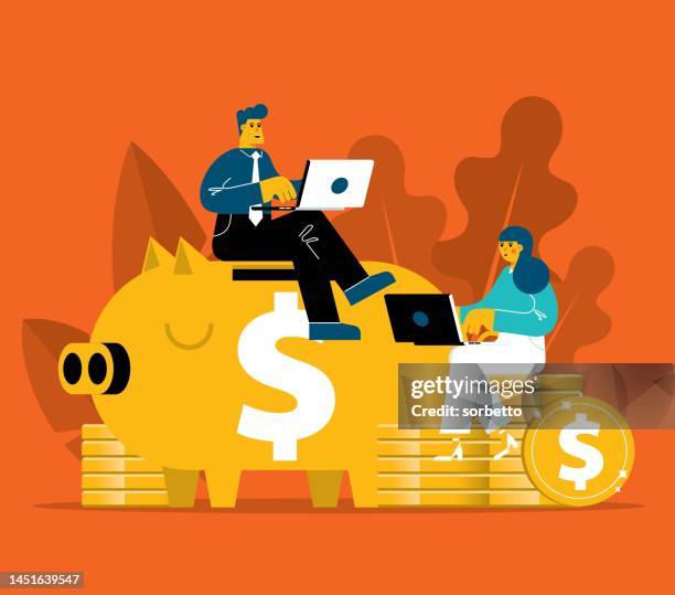 piggy bank - investment - young couple relationship stock illustrations