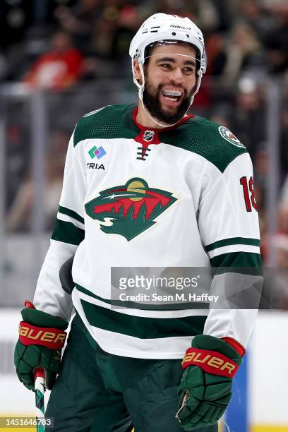 Jordan Greenway of the Minnesota Wild looks on during a game against the Anaheim Ducks at Honda Center on December 21, 2022 in Anaheim, California.
