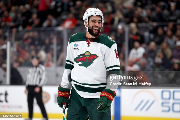 Jordan Greenway of the Minnesota Wild looks on during a game against the Anaheim Ducks at Honda Center on December 21, 2022 in Anaheim, California.