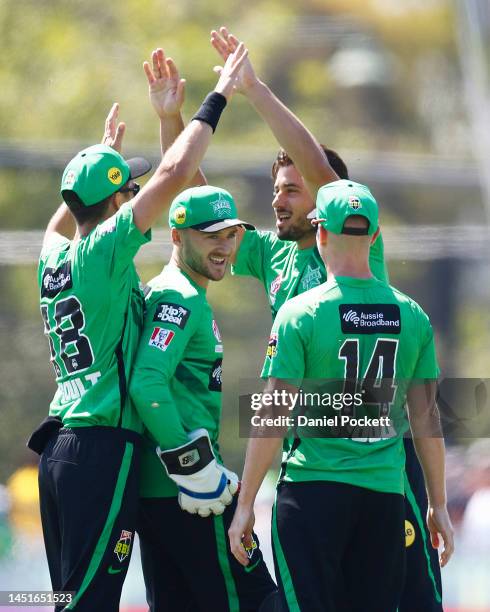 Marcus Stoinis of the Stars celebrates the dismissal of pduring the Men's Big Bash League match between the Melbourne Stars and the Perth Scorchers...