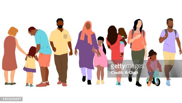 erster tag zurück in die schule mit familienmitgliedern - arab woman walking stock-grafiken, -clipart, -cartoons und -symbole