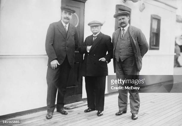 From left to right, David Bland of the Cunard liner 'RMS Aquitania', French chef Auguste Escoffier and Mr Bertrand of Cunard, 3rd November 1926.