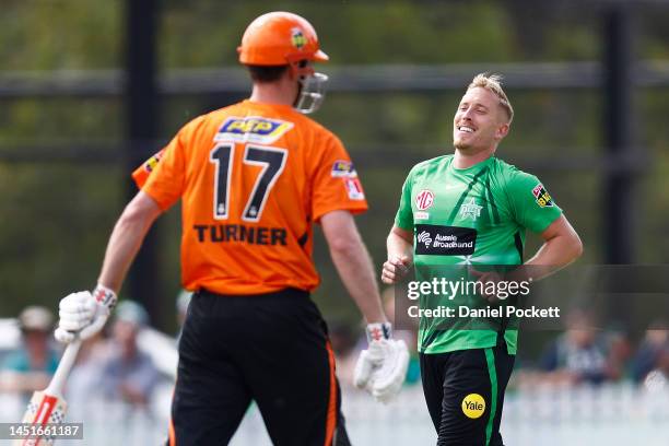 Luke Wood of the Stars celebrates the dismissal of Ashton Turner of the Scorchers during the Men's Big Bash League match between the Melbourne Stars...