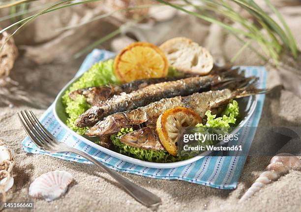 grilled sardines with salad and lemon in plate - sardines ストックフォトと画像