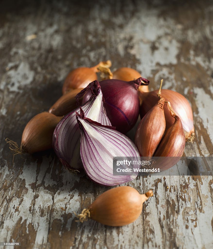 Shallot on wood, close up