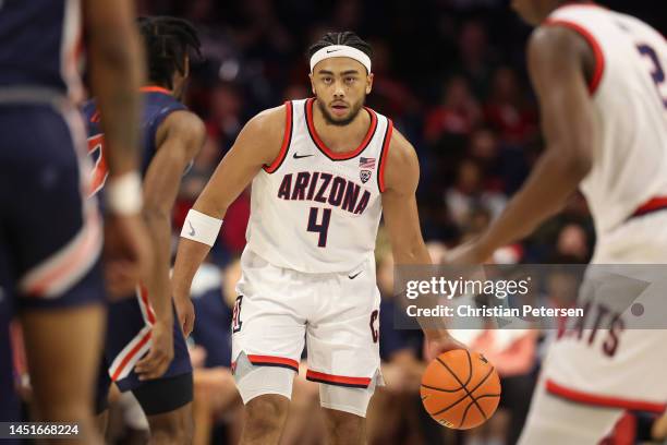 Kylan Boswell of the Arizona Wildcats handles the ball during the first half of the NCAAB game against the Morgan State Bears at McKale Center on...