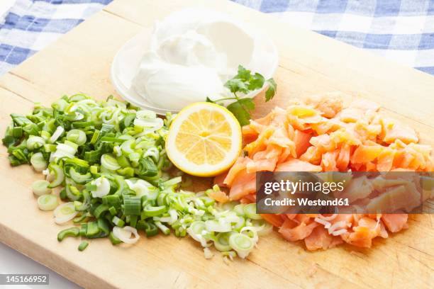 chopped ingredients on chopping board, close up - sour cream stock pictures, royalty-free photos & images