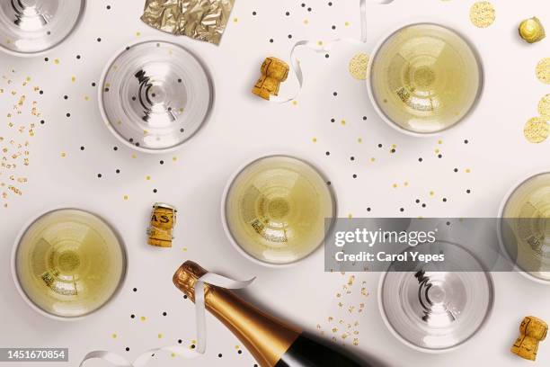 party new year champagne and confetti,top view - champagne flute high angle stock pictures, royalty-free photos & images