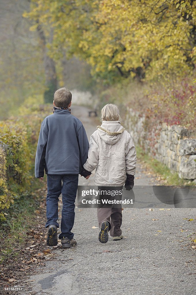 Germany, Bavaria, Brother and sister walking on footpath in autumn