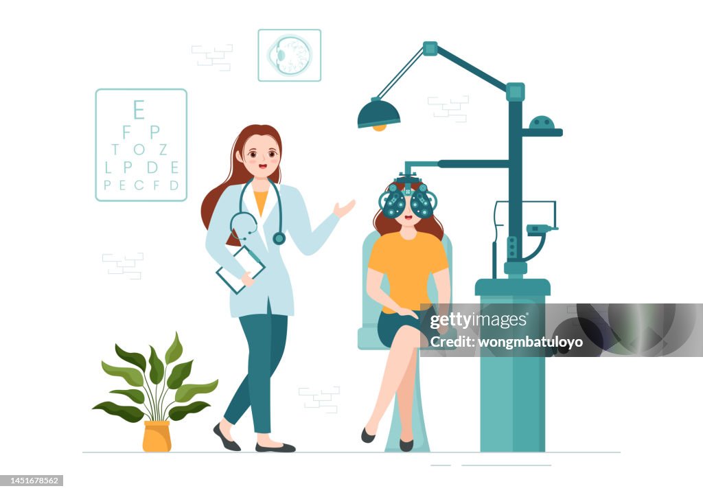 Eye Testing Machine Cartoon Optometrist With Ophthalmologist Checks Patient Sight Optical Eye Test ...