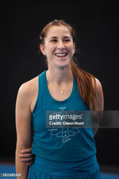 Belinda Bencic of Switzerland reacts during a practice session ahead of the 2023 United Cup at Pat Rafter Arena on December 23, 2022 in Brisbane,...