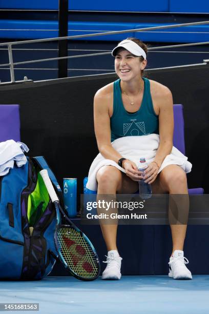 Belinda Bencic of Switzerland reacts during a practice session ahead of the 2023 United Cup at Pat Rafter Arena on December 23, 2022 in Brisbane,...