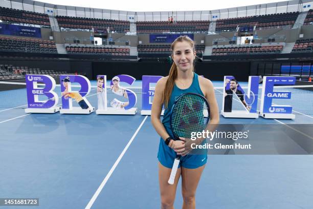 Belinda Bencic of Switzerland poses for a portrait before a practice session ahead of the 2023 United Cup at Pat Rafter Arena on December 23, 2022 in...