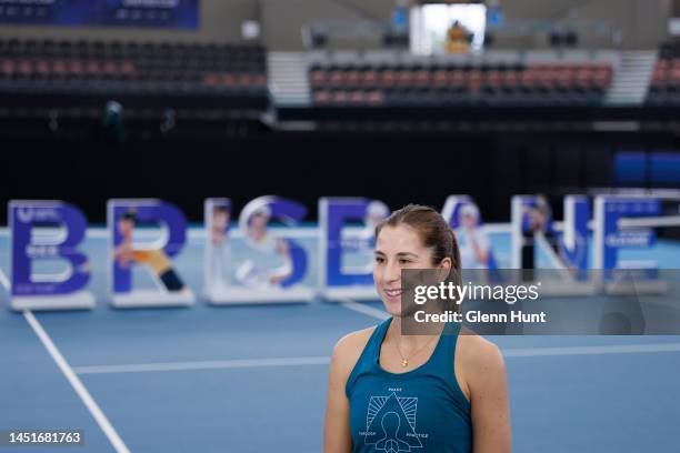 Belinda Bencic of Switzerland speaks to media before a practice session ahead of the 2023 United Cup at Pat Rafter Arena on December 23, 2022 in...