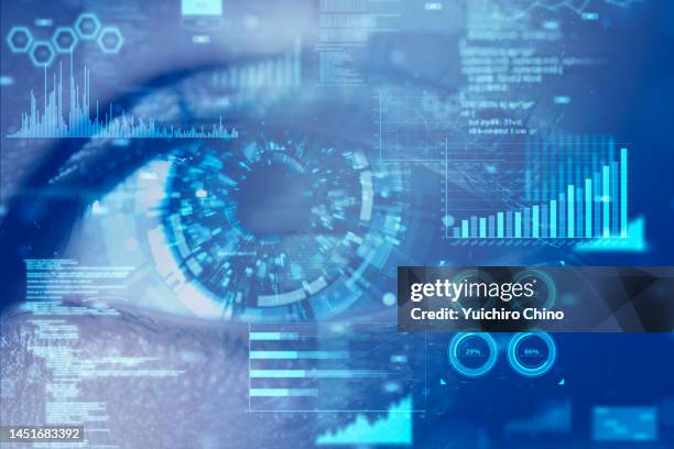 woman's digital eye and futuristic ui data - eyesight stock pictures, royalty-free photos & images