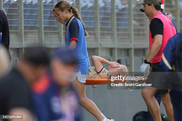 Murphy Agnew of the Jets leaves the field on a stretcher during the round six A-League Women's match between Newcastle Jets and Melbourne City at No....