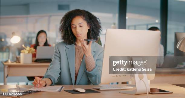 black woman, office and smartphone call  at desk with marketing client for feedback, writing report and notes for advertising agency. african girl, digital marketer working and planning seo strategy - artificial intelligence marketer stockfoto's en -beelden