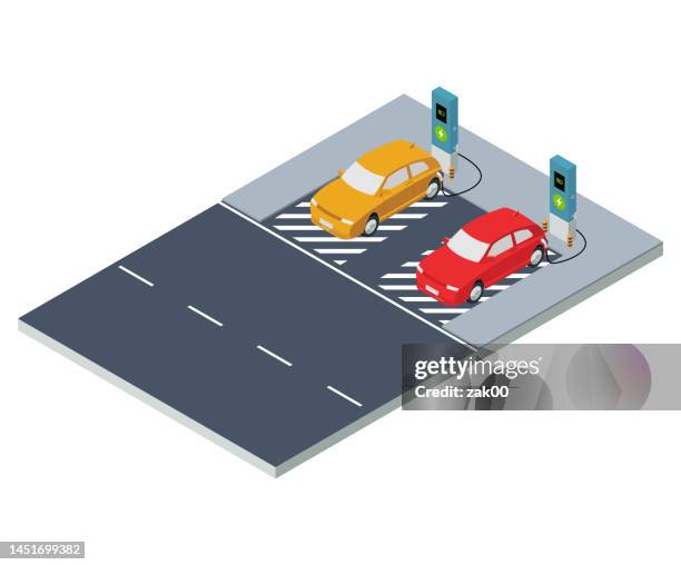 isometric electric car charging in charge station - charging cable stock illustrations