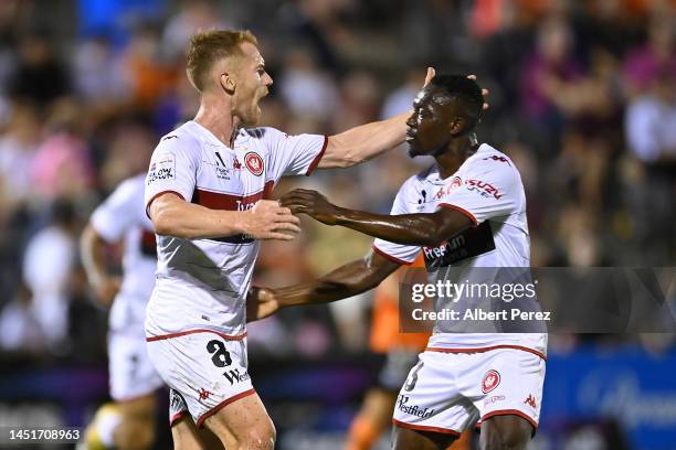 Oliver Bozanic of the Wanderers celebrates scoring a goal during the round nine A-League Men's match between the Brisbane Roar and the Western Sydney...