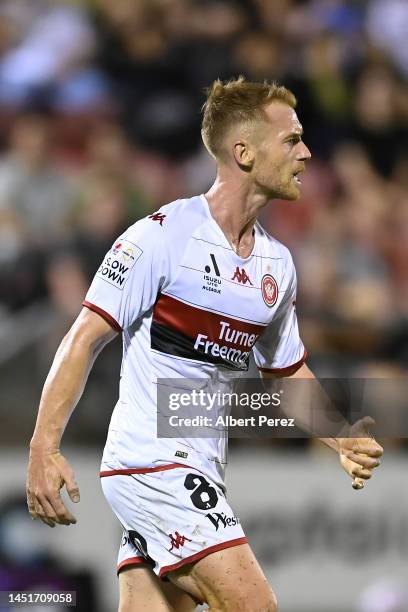 Oliver Bozanic of the Wanderers celebrates scoring a goal during the round nine A-League Men's match between the Brisbane Roar and the Western Sydney...