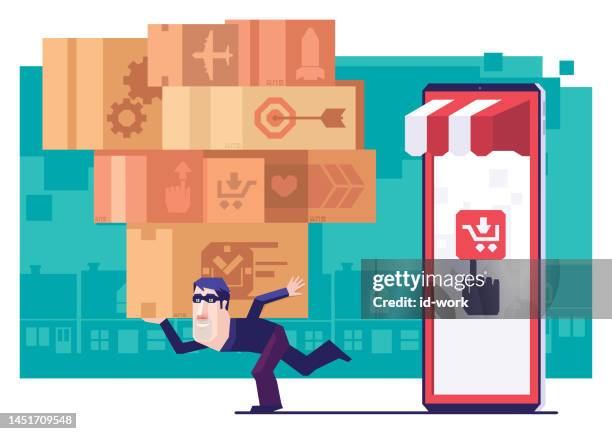 thief carrying stack of cartons and leaving online store on smartphone - burglar carried stock illustrations