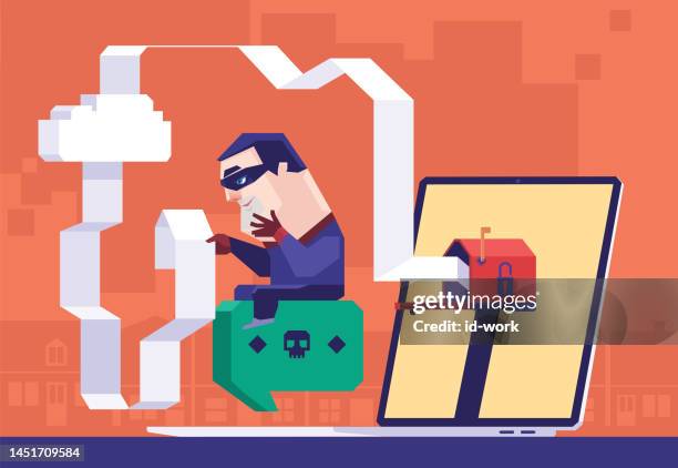 hacker checking data list downloaded from mailbox on laptop - man opening mail stock illustrations