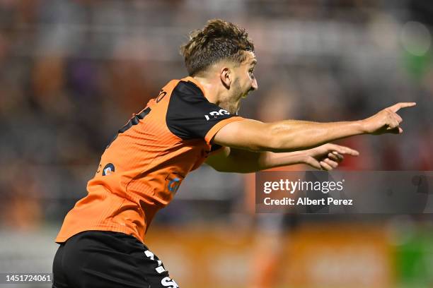 Carlo Armiento of the Roar celebrates scoring a goal during the round nine A-League Men's match between the Brisbane Roar and the Western Sydney...