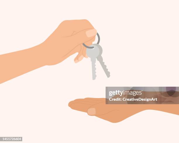 stockillustraties, clipart, cartoons en iconen met hand giving keys to another hand. buying, renting house concept - huren