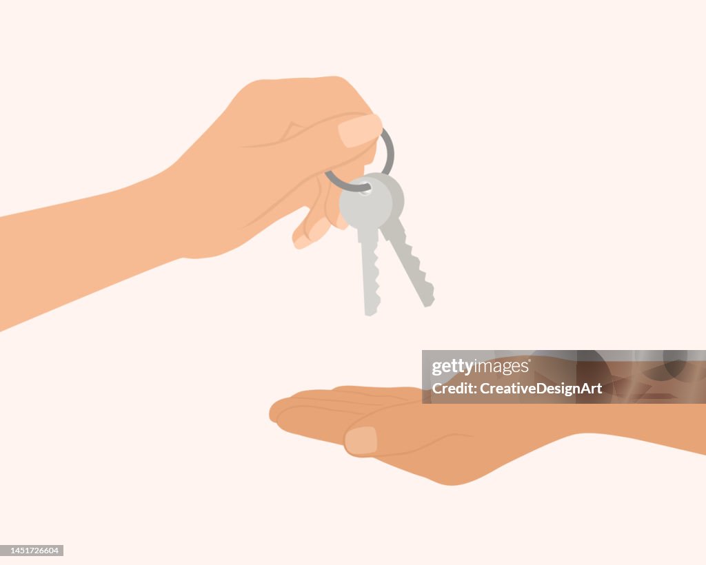 Hand Giving Keys To Another Hand. Buying, Renting House Concept