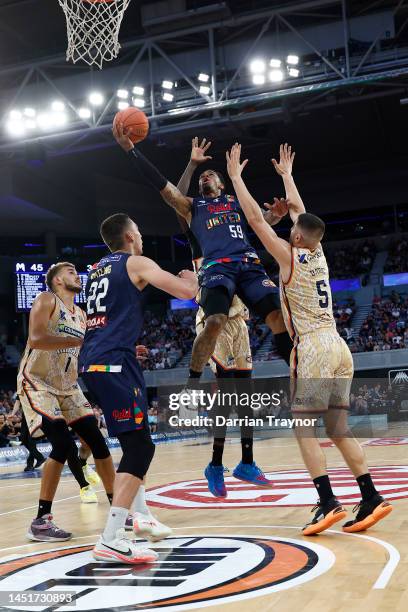 Rayjon Tucker of Melbourne United drives to the basket during the round 12 NBL match between Melbourne United and Cairns Taipans at John Cain Arena,...