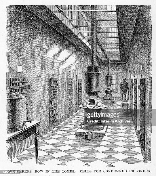 Illustration shows an interior view along a corridor of prison cells, 'murderer's row,' in the New York Halls of Justice and House of Detention ,...